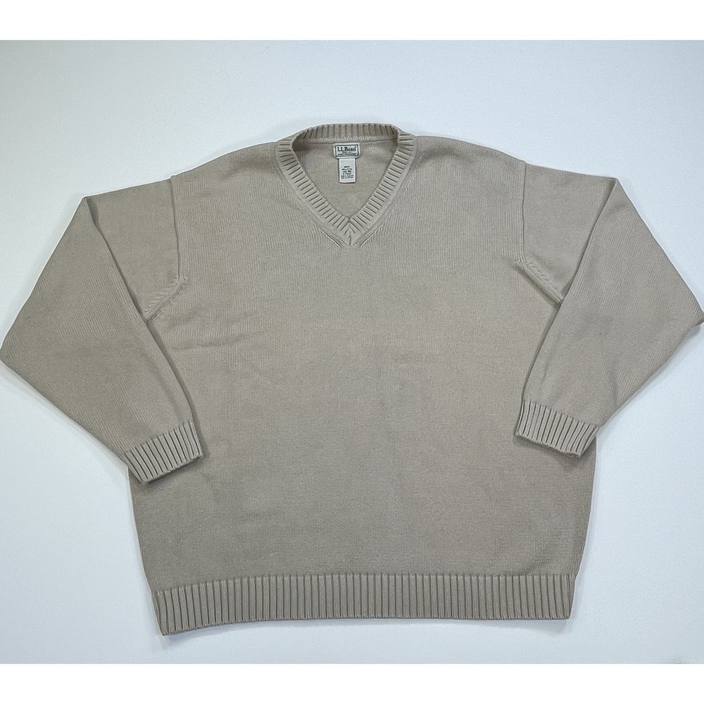 LL Bean Sweater Mens Size XXL Biege V Neck Pullover Cotton Ribbed Cuffs Hem